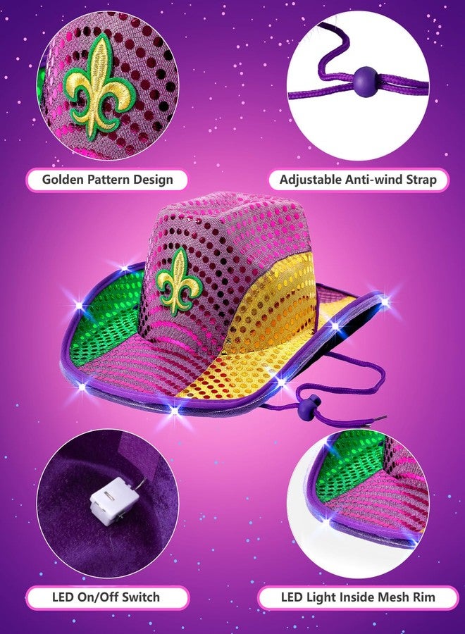 Funny World Mardi Gras Hat Light up Cowboy Cowgirl Hats, One Size, Green Purple Gold - Image 5